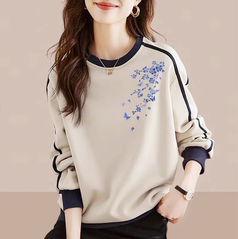 Discount store pure cotton fashion long-sleeve sweatshirt for women, new spring and autumn versatile slim-fit color-block top