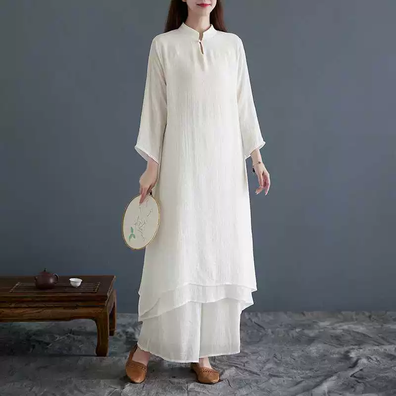 Настоящее фото китайского женского платья, художественной одежды для йоги средней длины из хлопка и льна, чайной одежды, танцевальной одежды в стиле дзен, женской одежды для тай-чи.