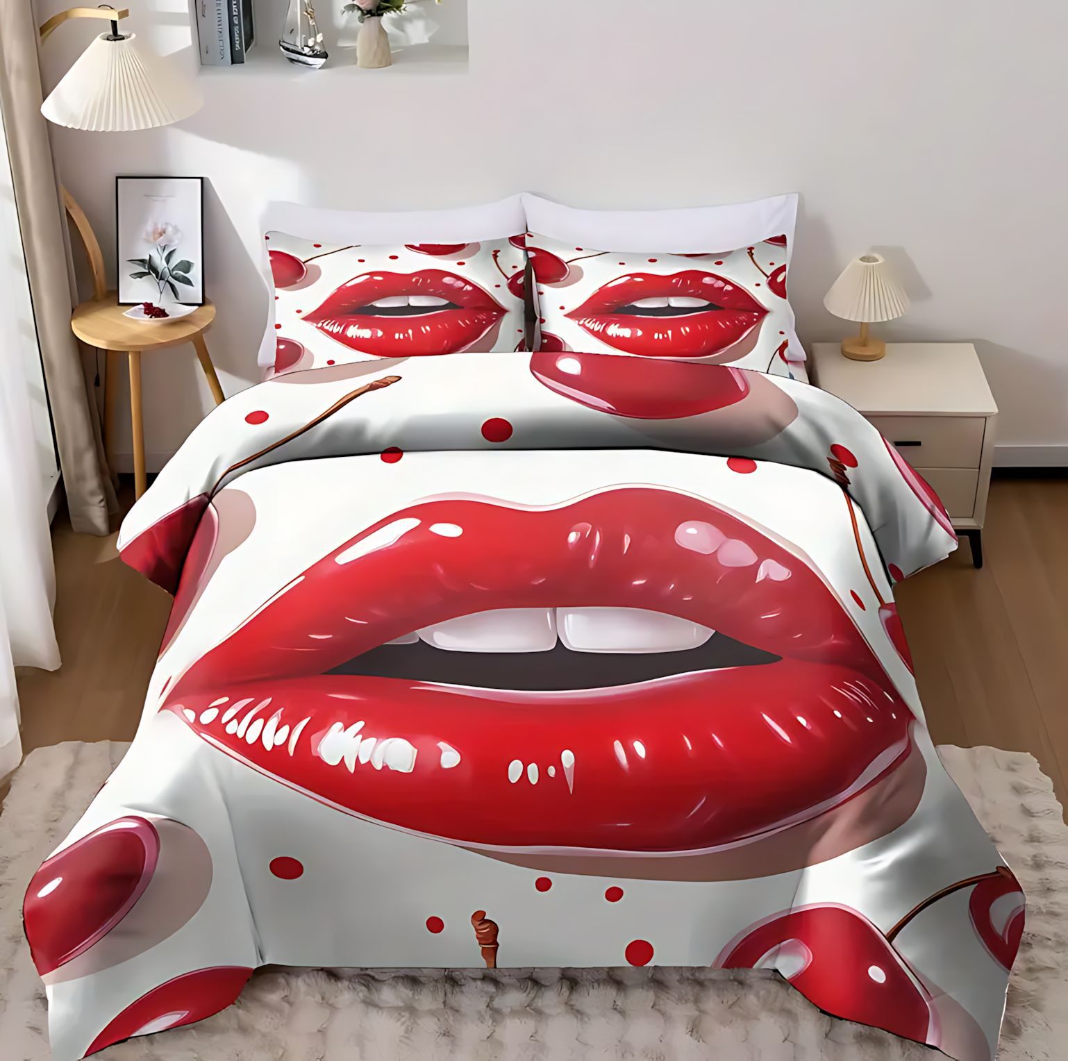 TEMU / JIT comercio exterior sexy labios temático patrón de impresión digital HD colcha de cama set