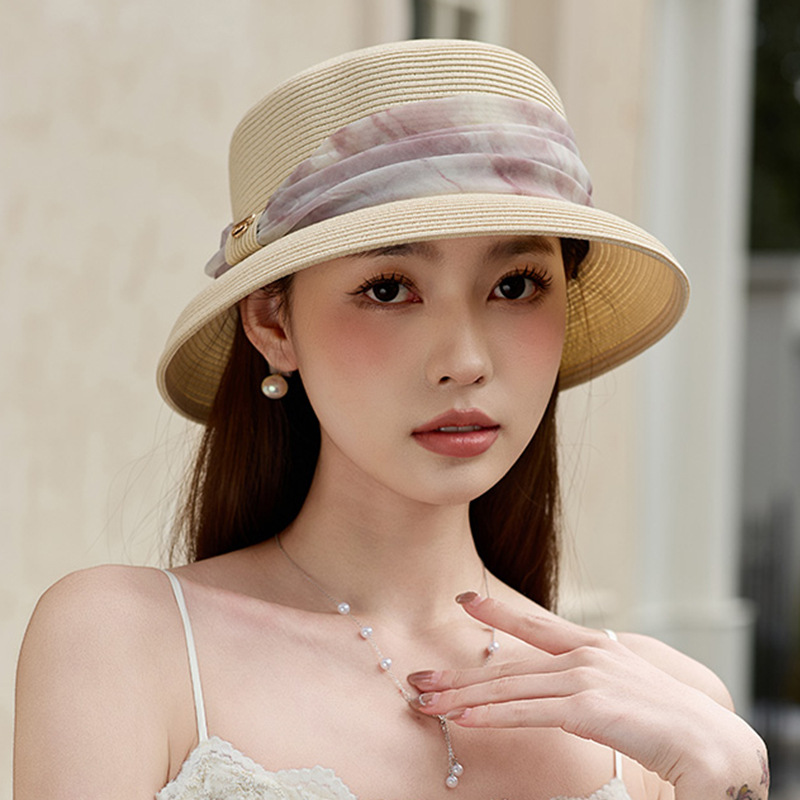 Mũ rơm nữ vành rộng kiểu Pháp mái vòm đi biển che nắng thoáng khí — Màu be