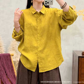 文艺正肩女式衬衫2026秋季新款纯亚麻净色休闲开衫百搭衬衣