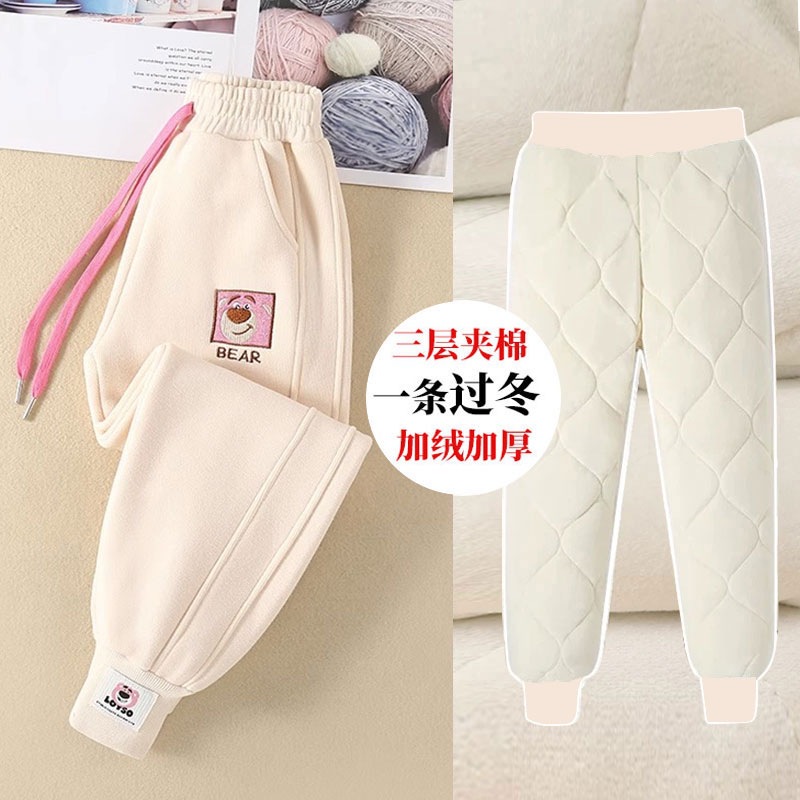 어린 이용 면 바지 3 층 기모 소년 소녀를위한 북방 겨울 따뜻한 바지