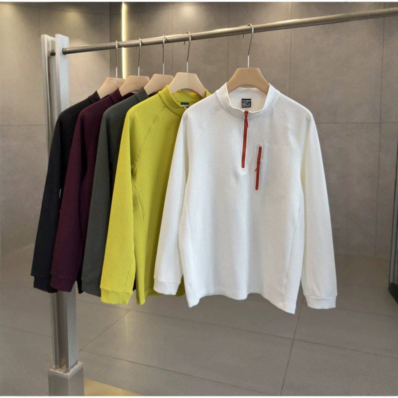 Men's outdoor couple's waffle fabric functional long-sleeve T-shirt with chest zipper pocket for hiking