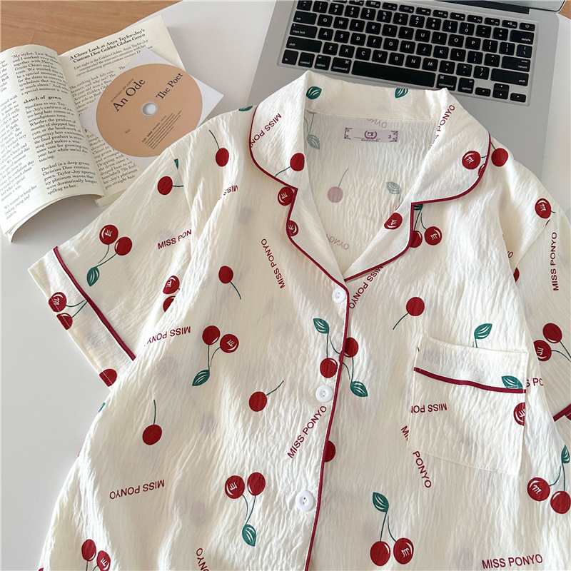 Nube de algodón pijama de mujer impresa cardigan dos piezas de verano nuevo dormitorio grande suelto se puede usar ropa de hogar