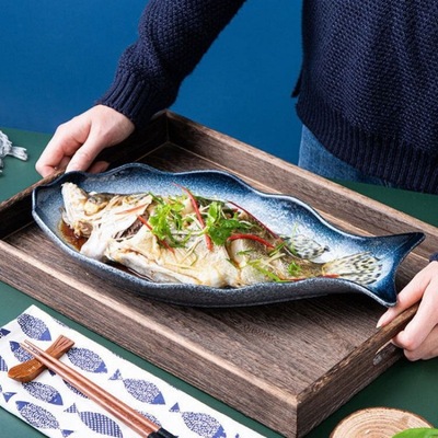 蒸鱼专用盘鱼盘陶瓷创意装鱼盘子家用剁椒鱼头盘子新款大号鱼盘子