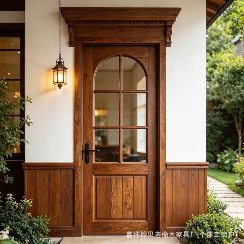 Vintage solid wood door, old elm arched glass single door, French-style mid-century entrance door, suitable for homestays and cafes, natural wood door