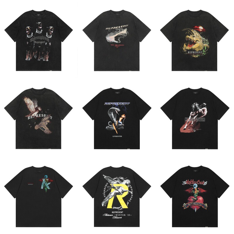 Wholesale cross-border tide brand REPRESENT Doberman spaniel crocodile flying horse letter pattern short sleeve T-shirt men's and women's high street