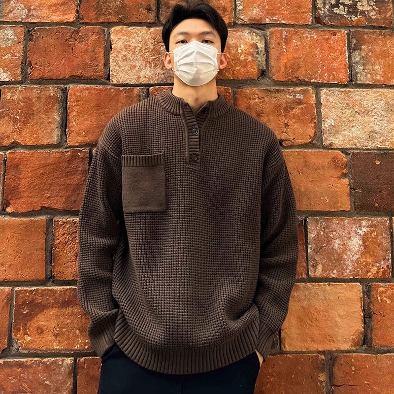 American Retro Henry Collar Thick Knit Sweater for Men, Mature Round Neck Solid Color Pullover, Lazy Casual Old Money Style Sweater