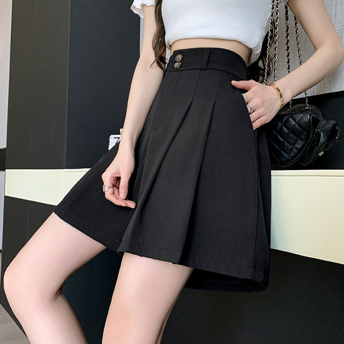 Women's Black Summer Pleated A-line Skirt with Wide-leg Pants, Stylish Outerwear Short Shorts