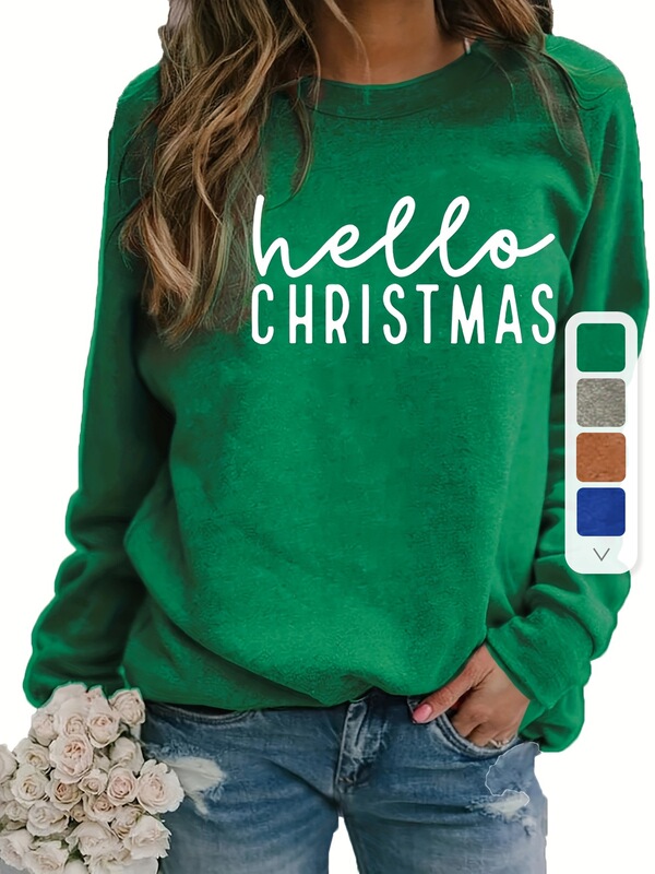 Women's Casual Long Sleeve Sweatshirt, Polyester, Round Neck, Raglan Sleeve, Christmas Pattern, Patchwork Fine