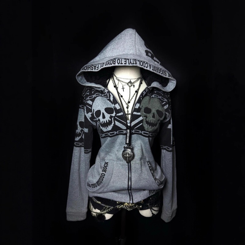 Zipper hooded cardigan for men and women, off-shoulder jacket with skull print, dark rock subculture punk trendy top Zipper hooded cardigan for men and women, off-shoulder jacket with skull print, dark rock subculture punk trendy top