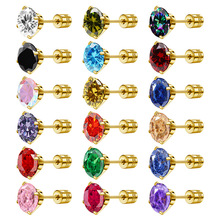 跨境亚马逊新款欧美时尚四爪3A锆石细针耳钉女不锈钢电镀双钻耳饰