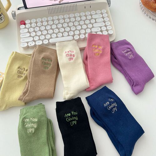 INS Embroidered English Vertical Bar Double Needle Mid-Calf Stacked Socks, Japanese Style, Unisex, Versatile, Korean Side English
