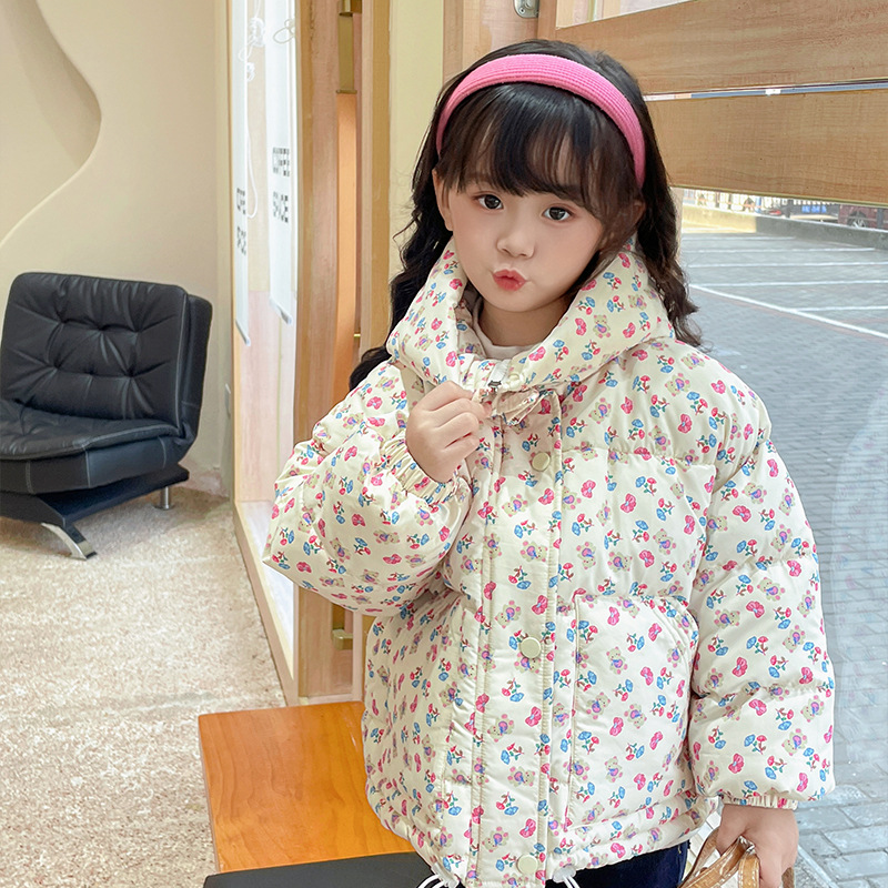 Women's Floral Hooded Down Cotton Coat Korean Style Children's Winter Jacket Child Anti-stain Thick Fashion Baby Cotton Padded Jacket