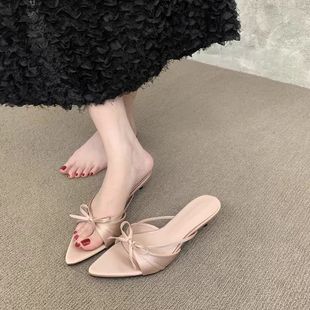 2025 New Summer French Kitten Heel Bow Fashion Sandals Women's Outerwear Temperament Pointed Toe Open Toe Sandals