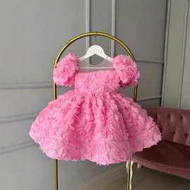女童连衣裙礼服跨境新款儿童网红立体花朵法式公主裙女孩T台走秀