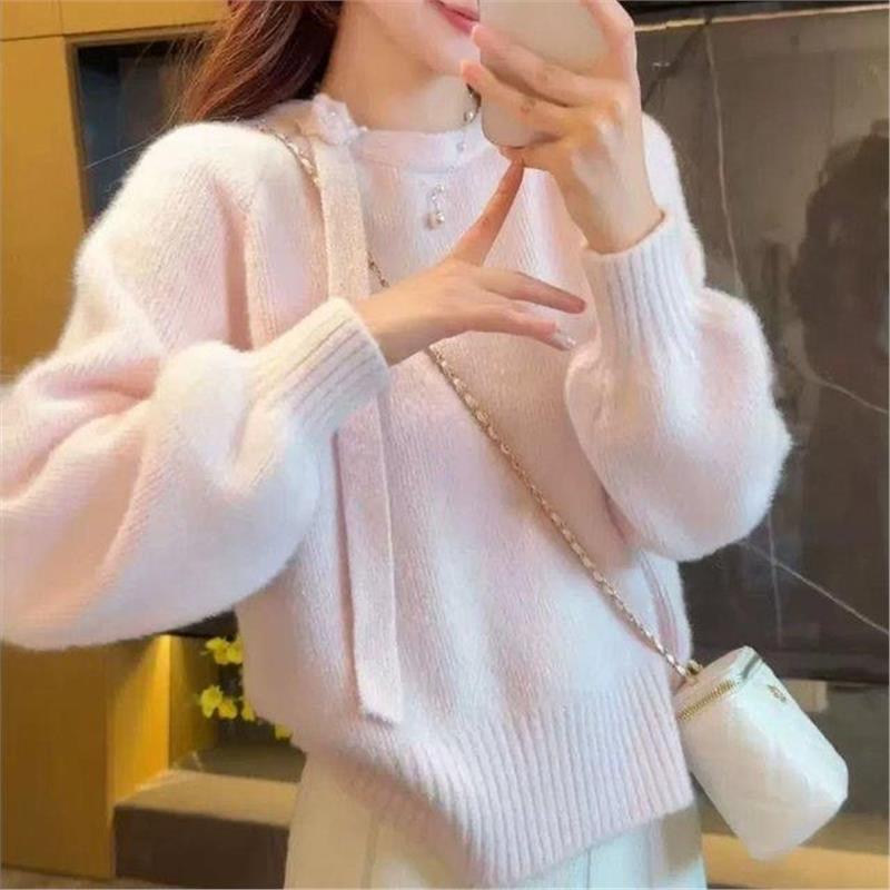 Gentle floral ribbon sweater, bubble knit, thickened, casual, new autumn and winter design, loose-fitting base top