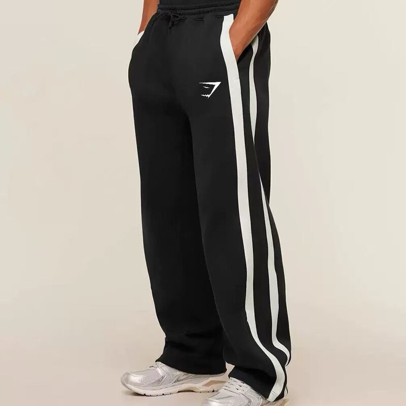 GYMSHARK Men's Sports Pants with Double Stripe Splicing, Men's Casual Pants for Gym and Fitness, Mid-Waist Straight-Leg Pants GYMSHARK Men's Sports Pants with Double Stripe Splicing, Men's Casual Pants for Gym and Fitness, Mid-Waist Straight-Leg Pants