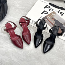 外贸新款尖头细跟高跟凉鞋女欧美气质包头后空一字扣带时尚女鞋42