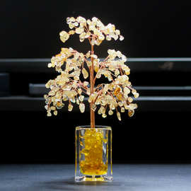 跨境爆款黄水晶碎石水晶树发财树手工艺品家居办公室摆件饰品礼品