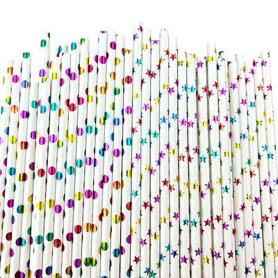 現貨壹次性紙質吸管燙金彩色系列圓點五星搭配果汁甜品裝飾吸管