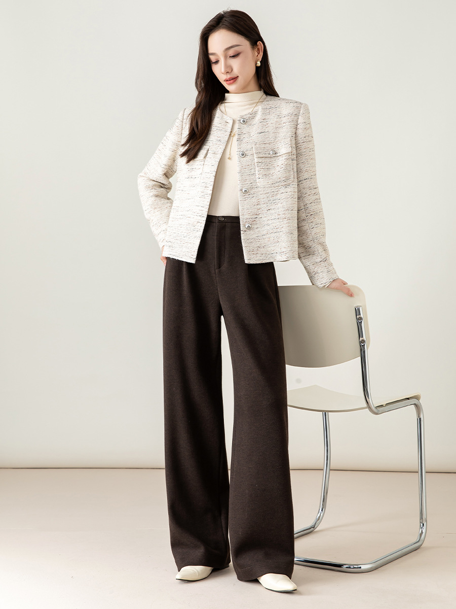 Quần culottes nữ ống rộng cạp cao dáng suông chất len acetate dệt kim — Màu trà sữa