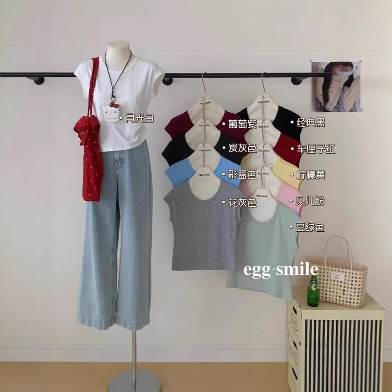 2026 New Summer Style Flutter Sleeve Bird's Nest T-Shirt, Trendy and Stylish for Young Girls, High-Quality Streetwear Solid Color Sleeveless Top