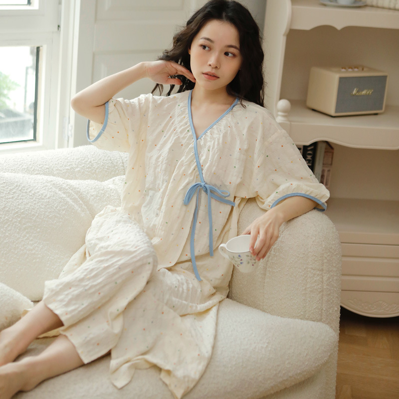 Maternity Nursing Nightdress Postpartum Summer Thin Short-Sleeve Tie Kimono Maternity Loungewear Pajamas Maternity Confinement Wear