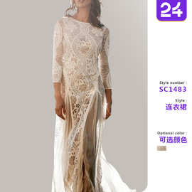 2026春新款欧美女装连衣裙圆领长袖镂空露背蕾丝名媛宴会婚纱礼服
