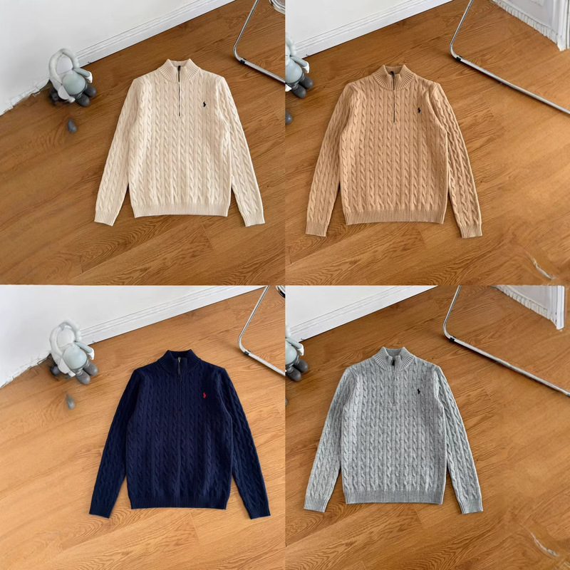 Cross-Border Rl Ralph Lauren Sweater with All Tags Intact, Qr Code Available, Embroidered Pony Logo, Zip-Up Knit Sweater, Crew Neck Cable-Knit Cardigan
