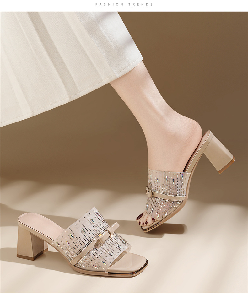 Sandal cao gót nữ hở mũi phong cách Pháp đính sequin lấp lánh gót vuông 6 cm — 7215 Màu đen, 7215 màu mơ chi tiết 14