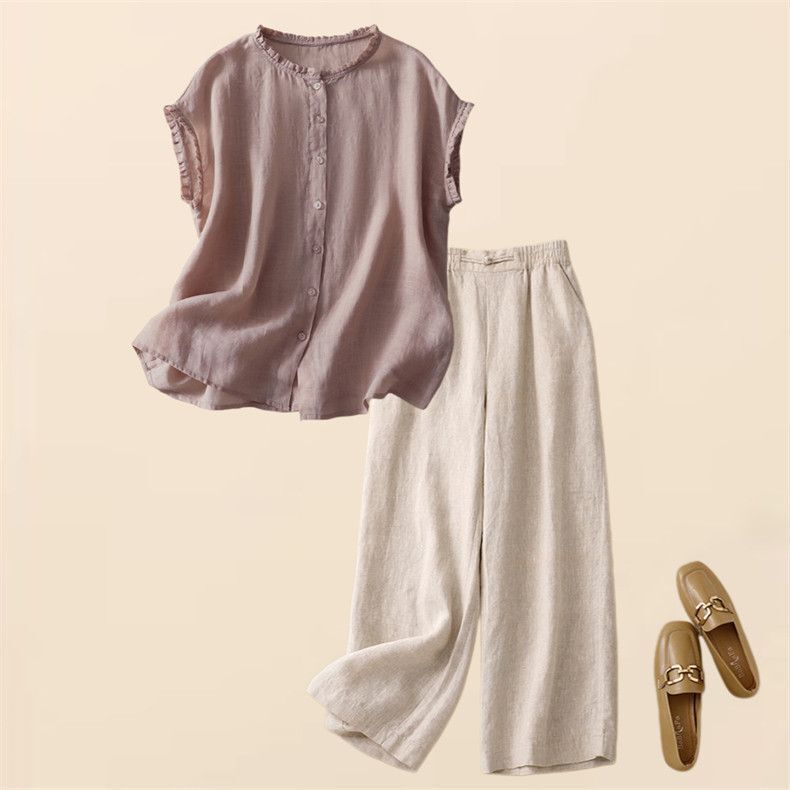 Vintage Ruffled Cotton Linen Sleeveless Vest Set for Women, Summer 2026 New Loose Slimming Top Two-Piece Set