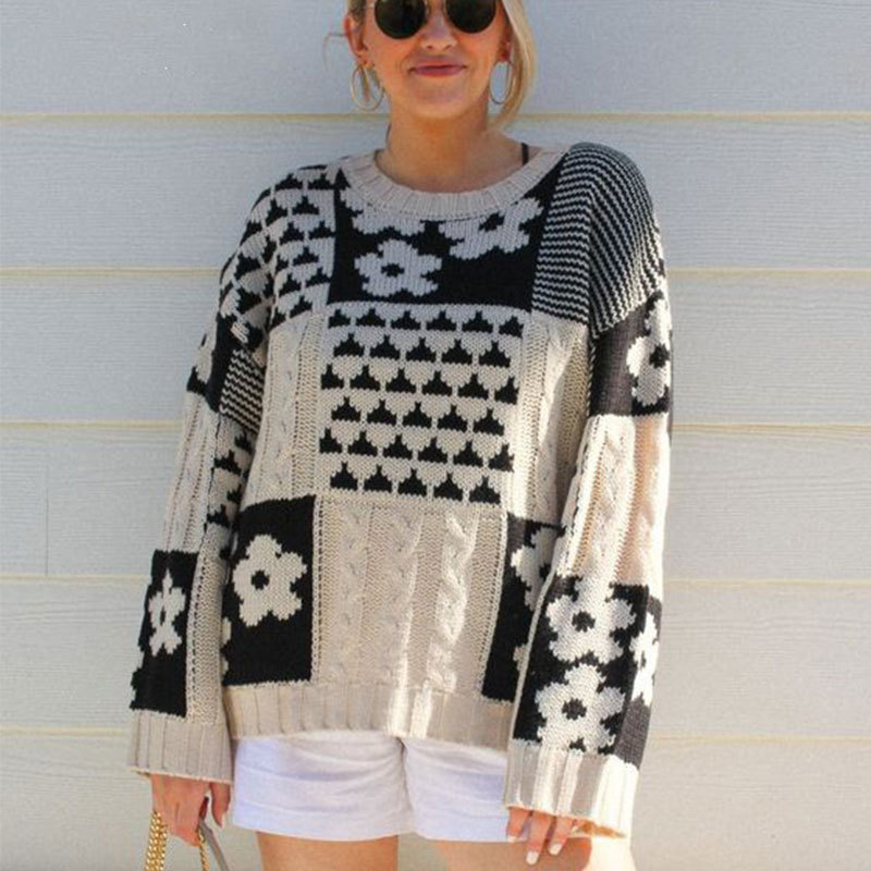 Women's Clothing autumn and winter sweater women's clothing square flower casual loose round neck pullover sweater_voghion.com