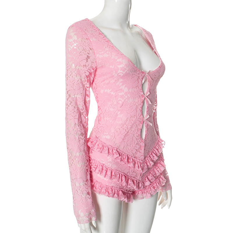 Mono ajustado sexy con cuello bajo y costuras de encaje para mujer