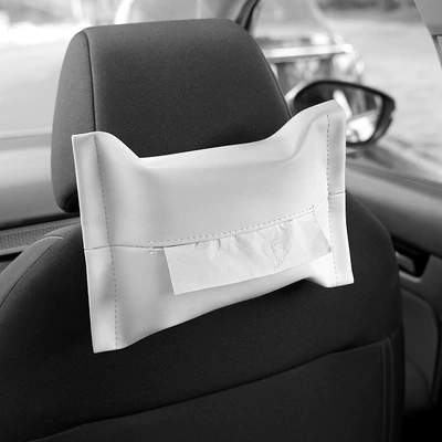 Suitable for Car Tissue Box, Microfiber Leather Tissue Box, Hanging Armrest Box, Tissue Bag, Car Interior Fixed Paper Tissue Box (Car tissue box/set) - white
