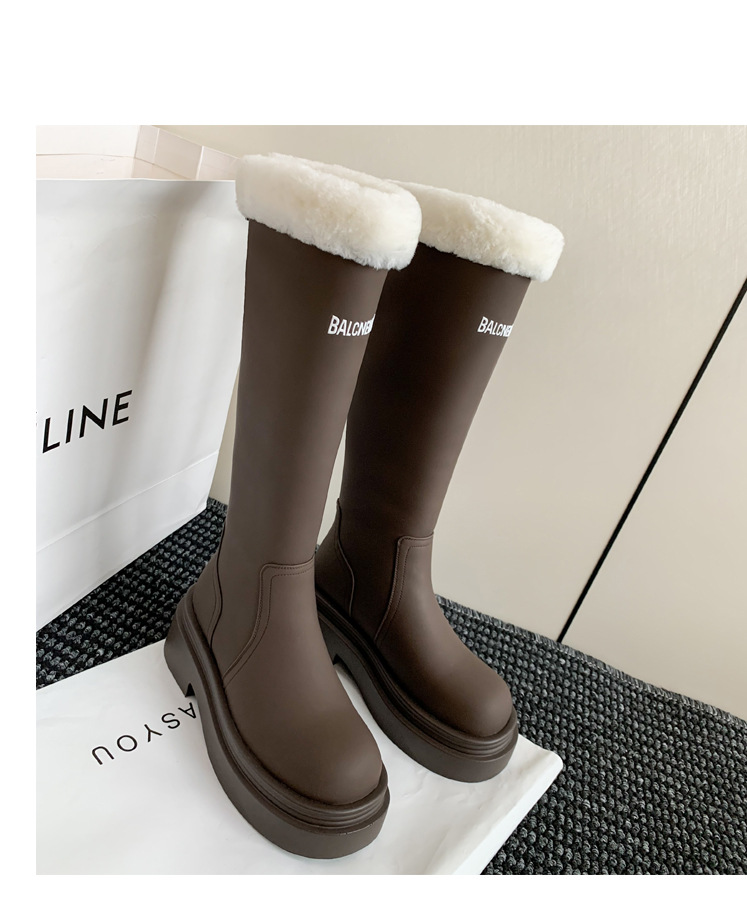 Boot nữ cổ cao lót nhung đế dày da bò giữ ấm mùa đông — Màu nâu ống lớn chi tiết 35