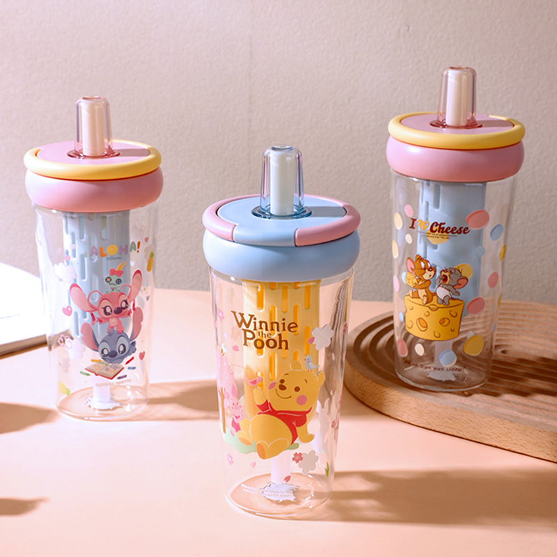 Taza de vidrio de separación de té Stitch nueva taza de paja de vidrio de borosilicato taza de té de dibujos animados taza de agua con fugas de té