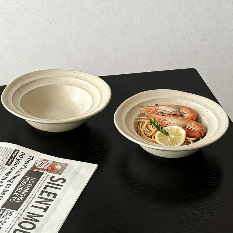 Ins cream-style beige splatter-coil straw hat plate, matte dry food plate, salad and pasta plate, oatmeal and yogurt breakfast plate