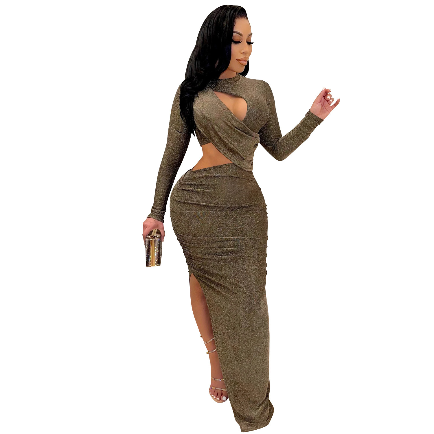 C5550 verano nuevo estilo europeo y americano Amazon moda transfronteriza manga larga sexy hueco vestido de mujer image 7