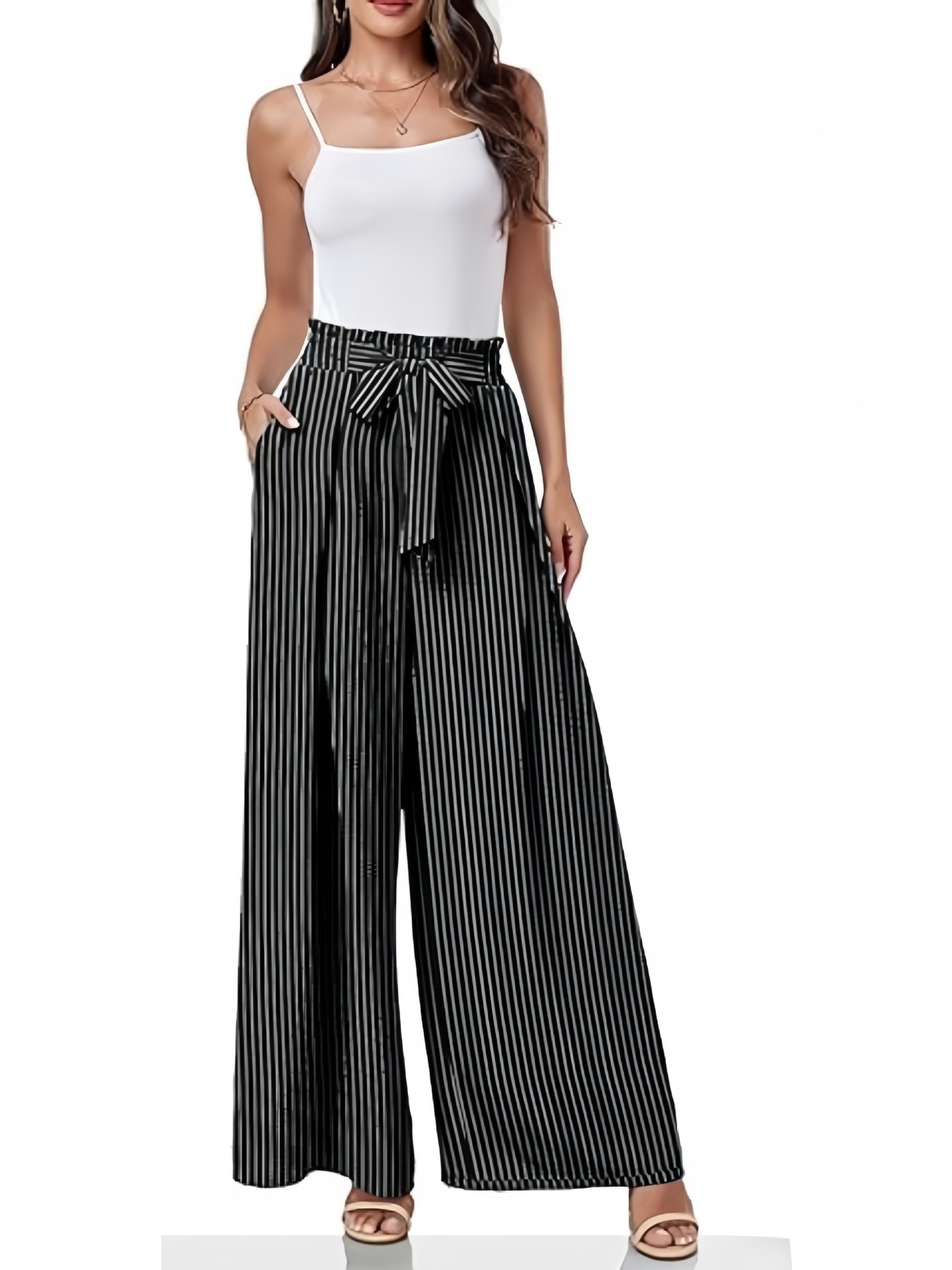 2025 europeo y americano transfronterizo Amazon primavera y verano nuevo estilo pantalones anchos para mujer bowknot pantalones casuales con pliegues de cintura alta sueltos