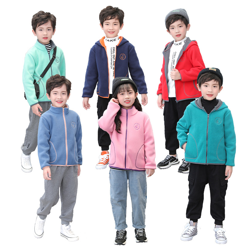 Children's Fleece Jacket Autumn And Winter Boys And Girls Clothes Tops Stand Collar With Hat Warm Coats