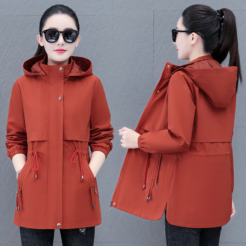 Mid-Length Hooded Detachable Printed Windbreaker Jacket for Women Spring & Fall Middle-Aged Mothers Large Size Loose Zipper Cardigan