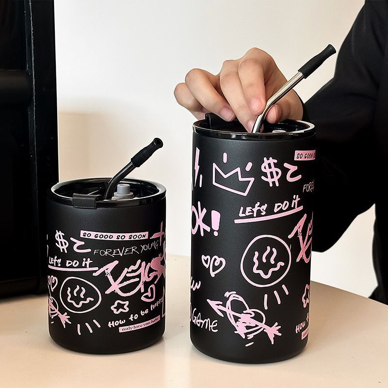 クリエイティブ落書きステンレスコーヒーカップ女子オフィスストローカップ高颜値保温カップ家庭用コップカップカップ|undefined