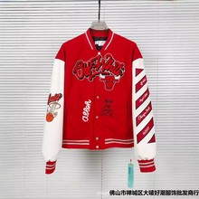 跨境欧美潮牌秋冬新款 OW 刺绣拼皮棒球服夹克情侣款一件批发代发