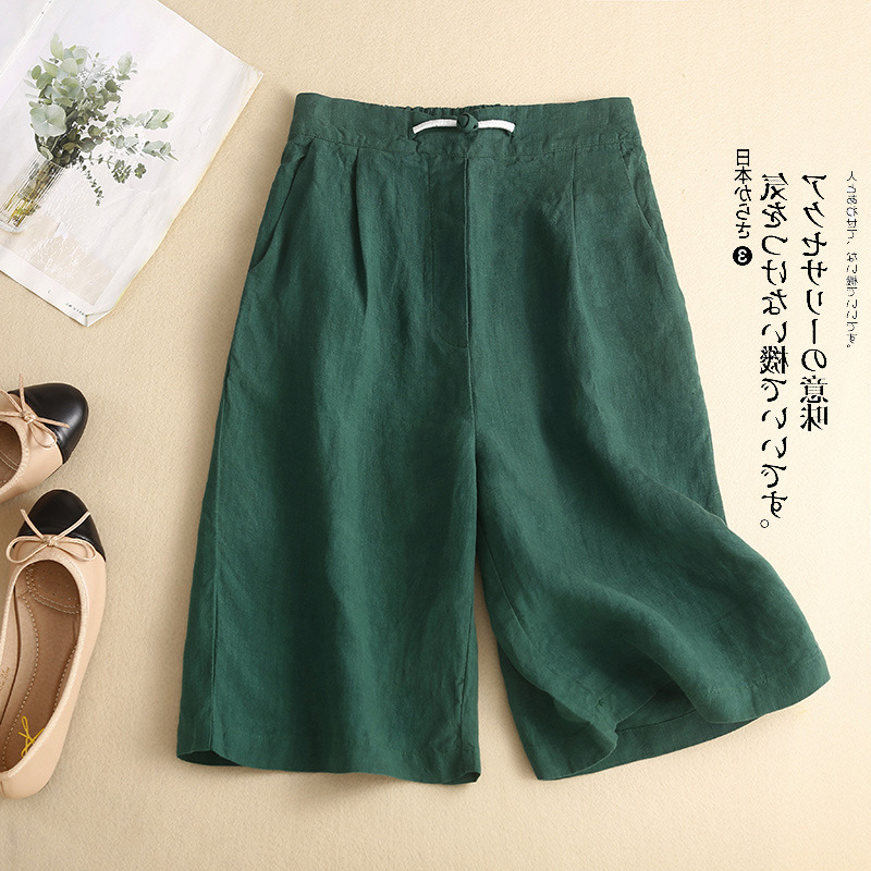 Women's cotton and linen mid-length pants straight casual high waist linen wide-leg shorts