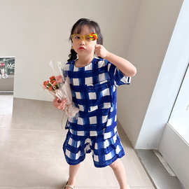 夏装儿童套装2023夏季新品女童蓝白格短袖T恤休闲中裤两件套T104