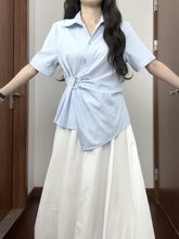 大码胖mm法式翻领不规则收腰衬衫女夏季新款遮肚显瘦气质短袖上衣