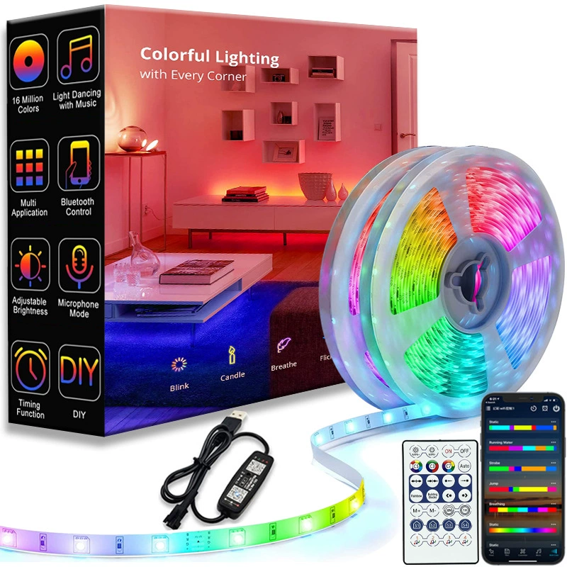 USB светодиодная лента 5В разноцветная RGB, мигающая смена цветов WS2812B, Bluetooth бегущий свет, настольная атмосферная подсветка