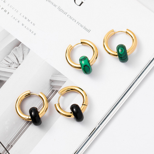 Circle malachite green natural stone titanium steel earrings plated with 14k real gold black stone ear buckle women's fashion simple earrings wholesale