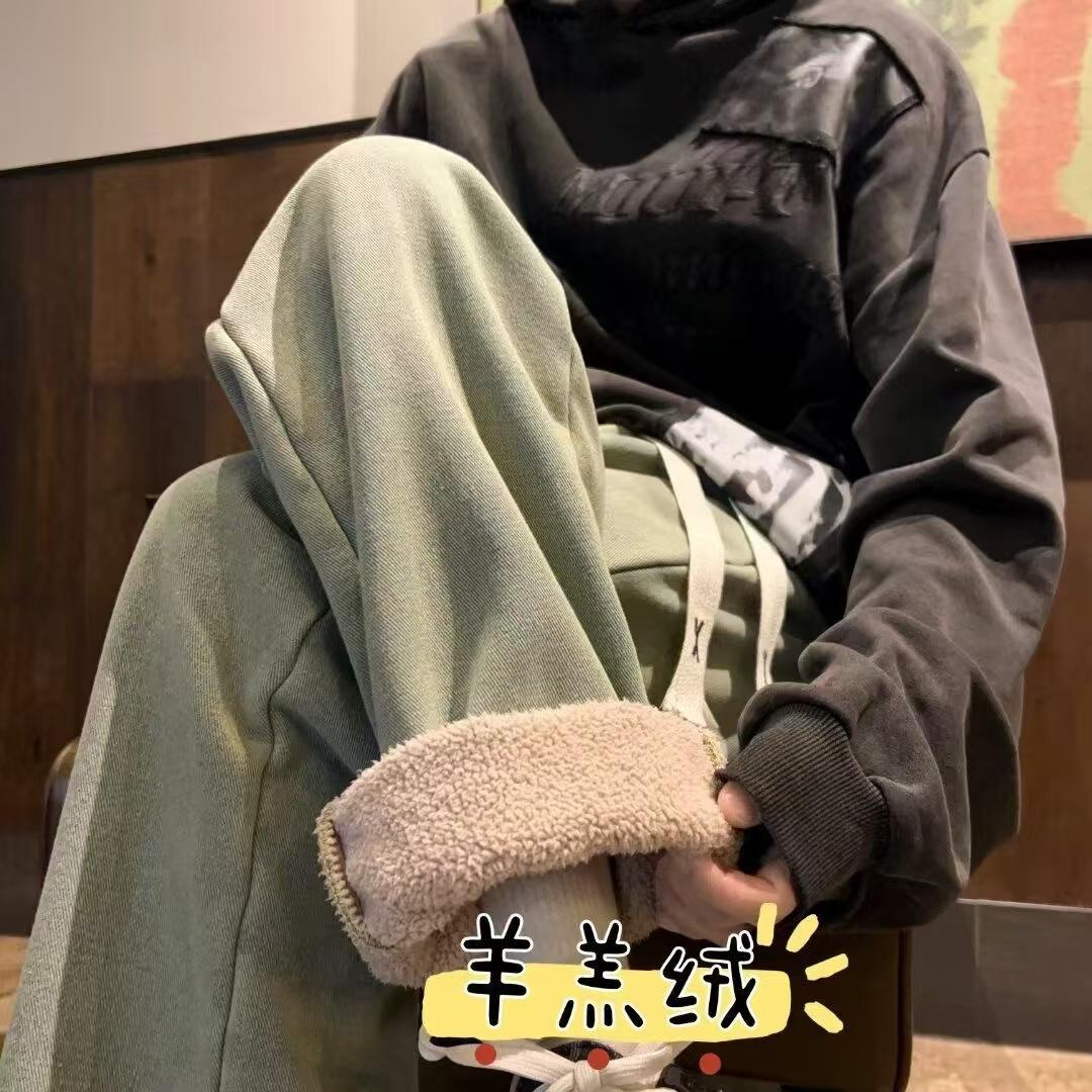 Cross-border AliExpress Lamb Wool fleece-lined Jeans Men's Autumn and Winter Loose Casual Washed Drawstring Straight Pants